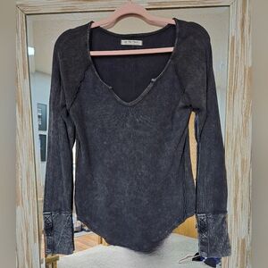 We The Free Charcoal Long Sleeve Top With Denim Cuffs